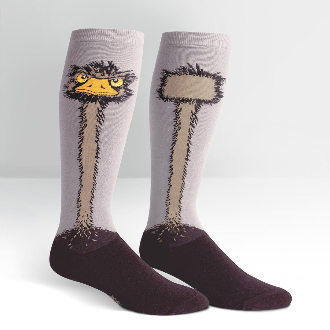 Women's grey ostrich knee high socks with a grumpy ostrich face