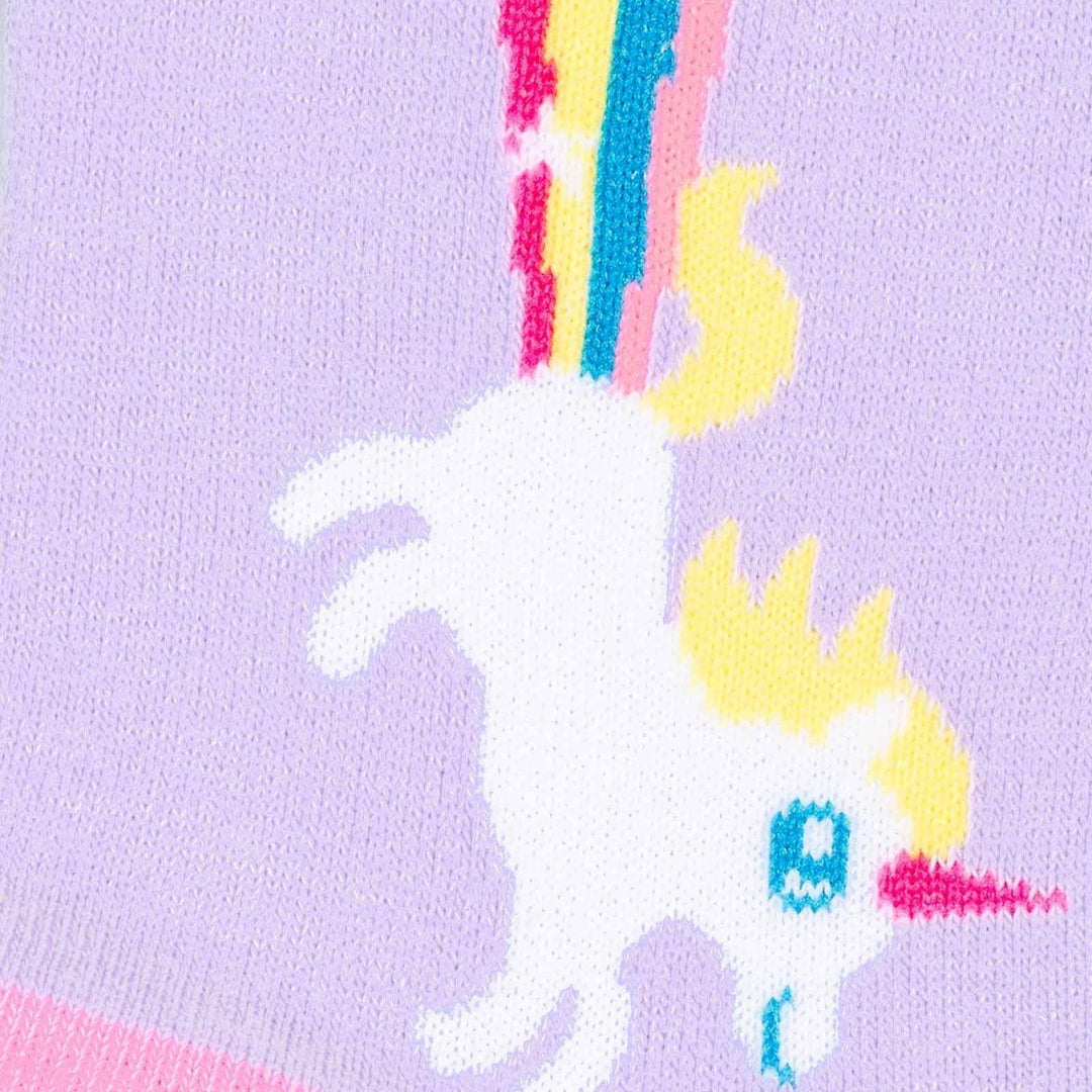 Close-up of the white unicorn launching a pink, yellow and blue rainbow on a lavender sock