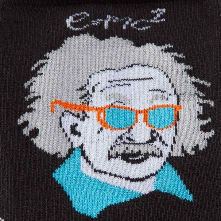 Close-up of the Einstein crew sock showing his wild hair, orange sunglasses, blue collar, and the E=mc2 formula above his head.