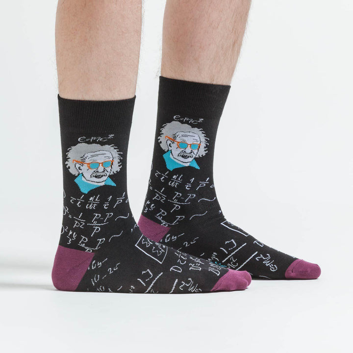 Side view of the Einstein crew socks worn on a man&