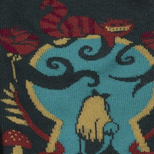 Close-up of the Alice socks showing the curling smoke, toadstools, roses, and detailed Alice illustration