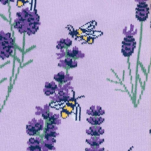 Close-up of knit purple lavender flowers and yellow-and-black honeybees on lilac