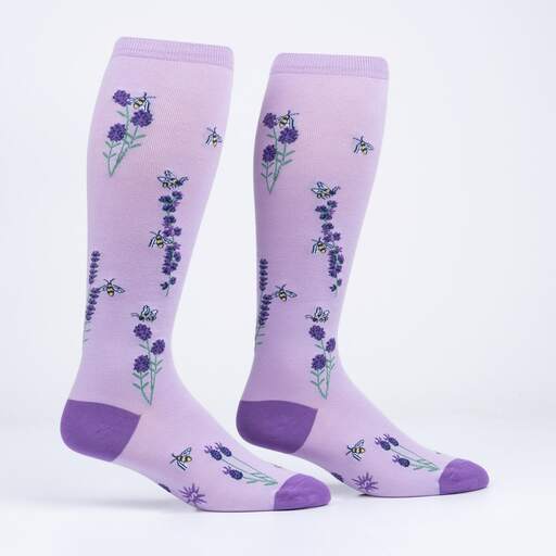 Pair of Bees &amp; Lavender knee high socks displayed upright showing lavender stalks, bees, and violet toes