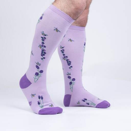 Lilac lavender knee high socks on legs, side view, with purple lavender, bees, and violet heels and toes