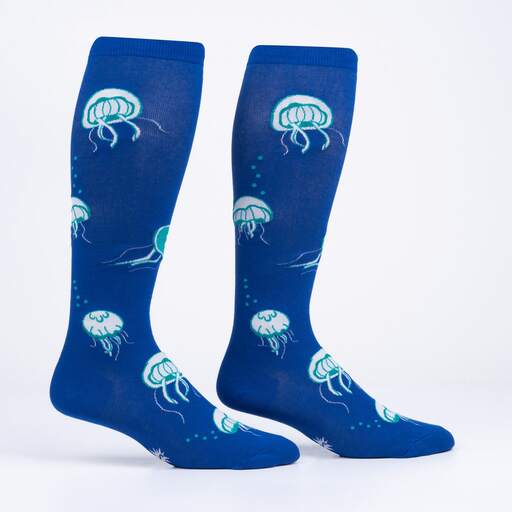 Pair of jellyfish knee high socks displayed upright showing jellyfish and bubbles on blue