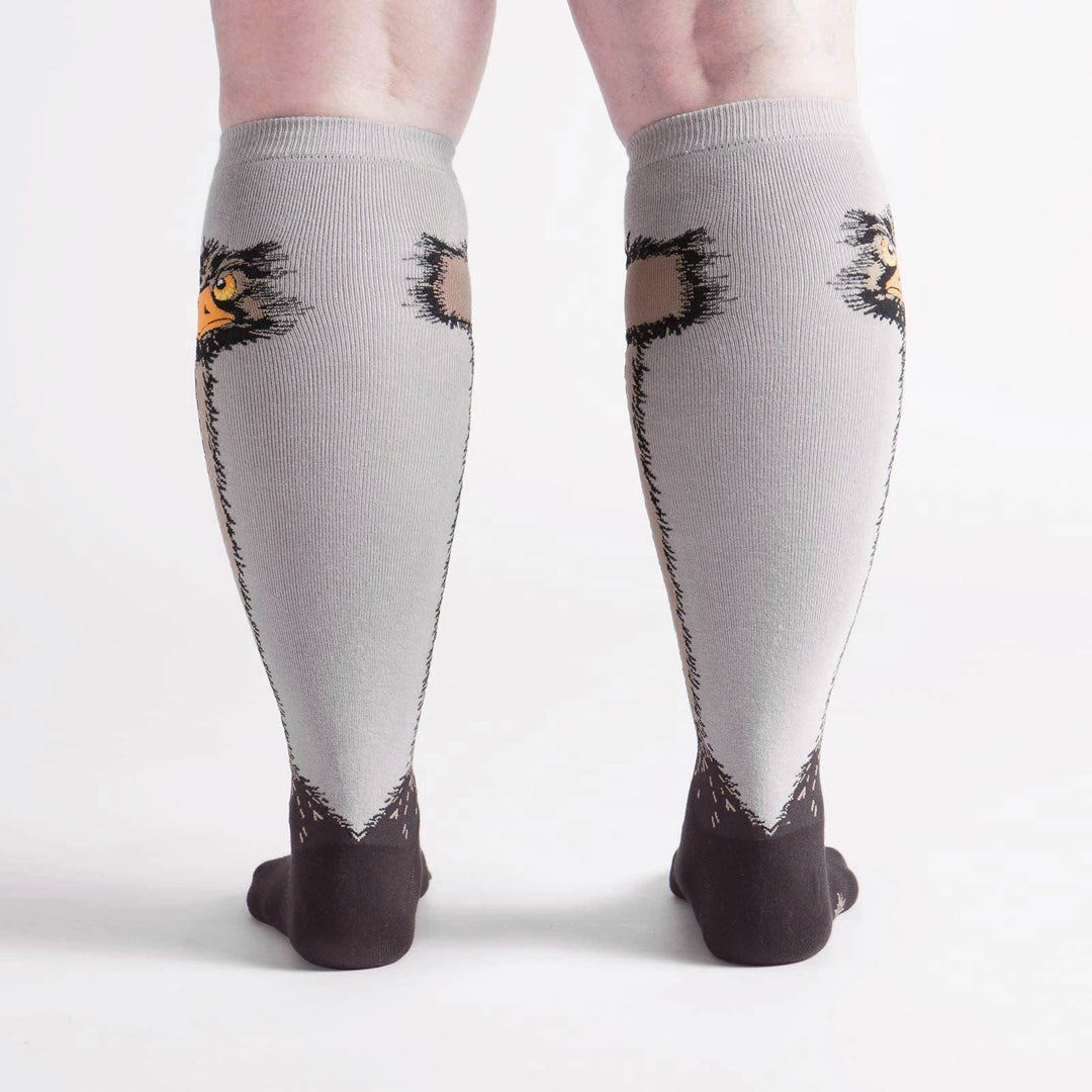 Back view of ostrich knee high socks worn, showing the feathered pattern down the calves