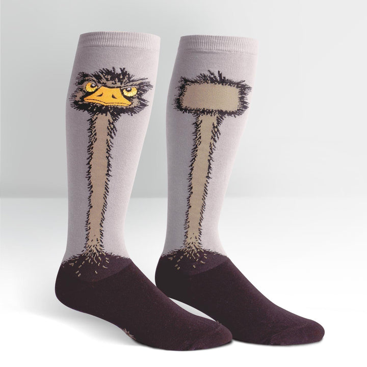 Pair of gray ostrich knee high socks, one showing the bird&