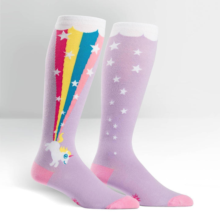 Pair of lavender stretchy knee high socks with a unicorn blasting a rainbow trail and white stars