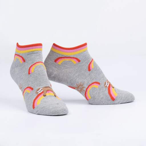 Pair of grey rainbow sloth ankle socks displayed together at an angle showing the toe and cuff detail