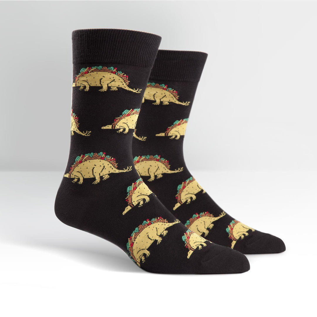 Men's black crew socks with yellow taco-shaped dinosaurs