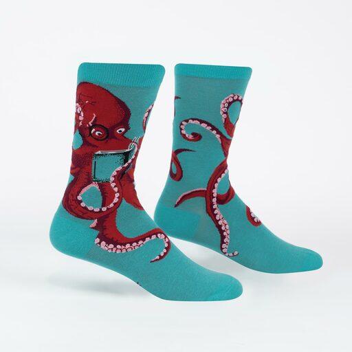 Teal octopus crew socks shown flat, one with the bespectacled reading octopus, the other with curling tentacles