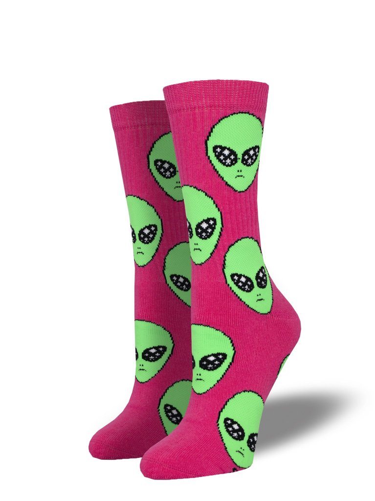 Hot-pink women's athletic crew socks covered in green alien heads, some wearing sparkly disco-ball sunglasses