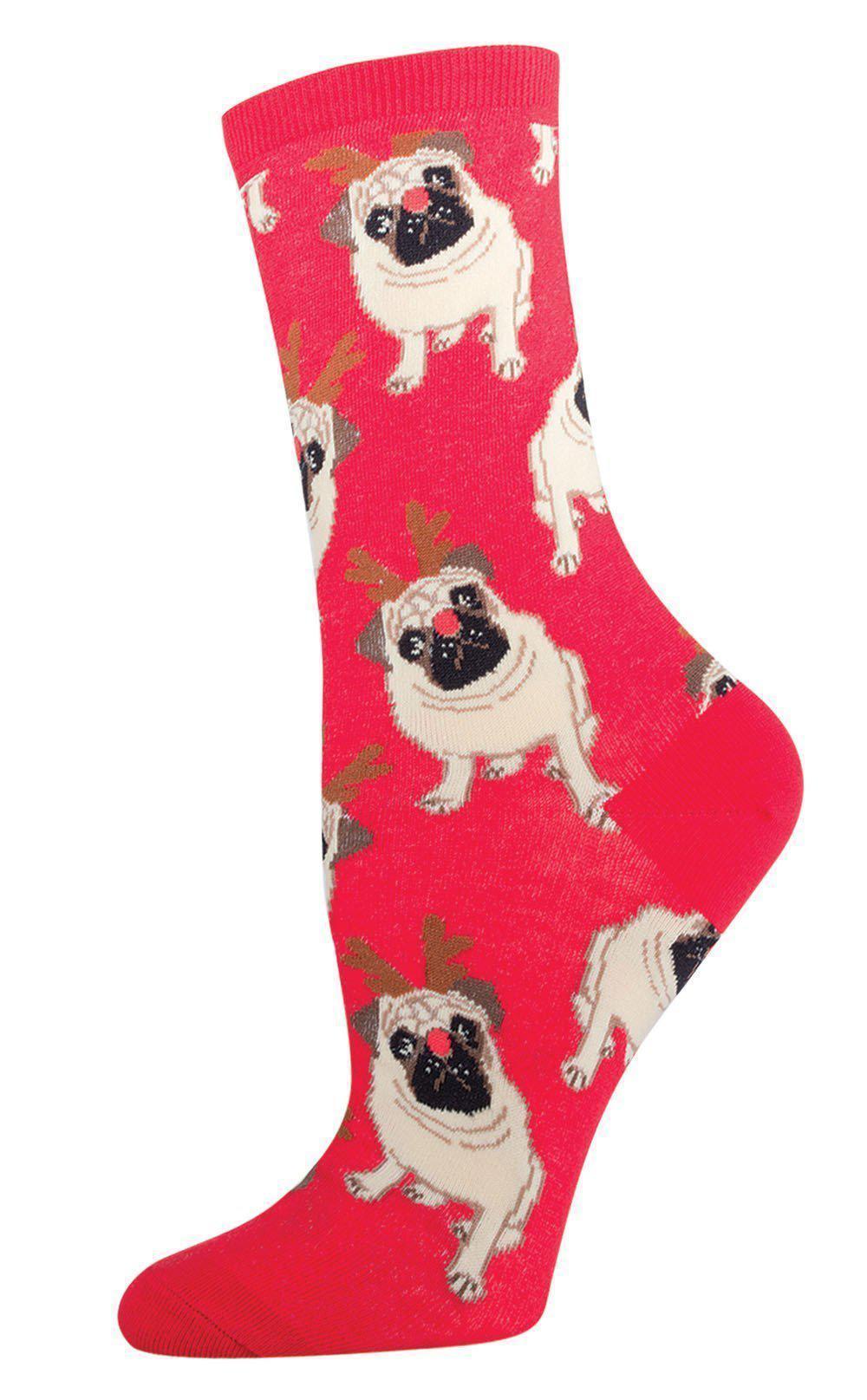 Single coral-red crew sock covered in fawn pugs wearing brown antlers and red noses