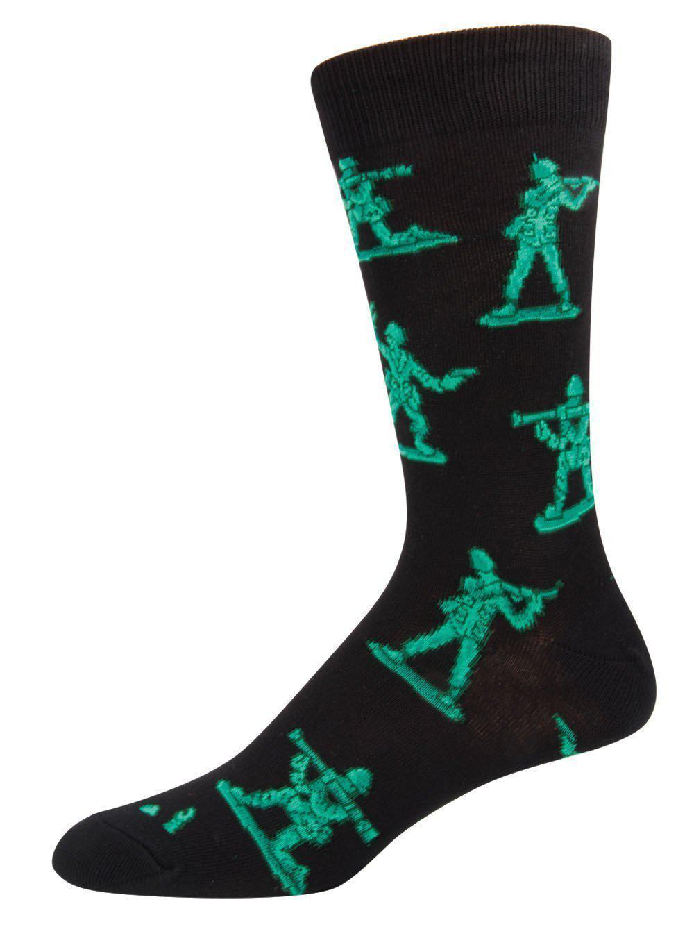 Single black crew sock covered in green plastic toy army men in action poses on their bases