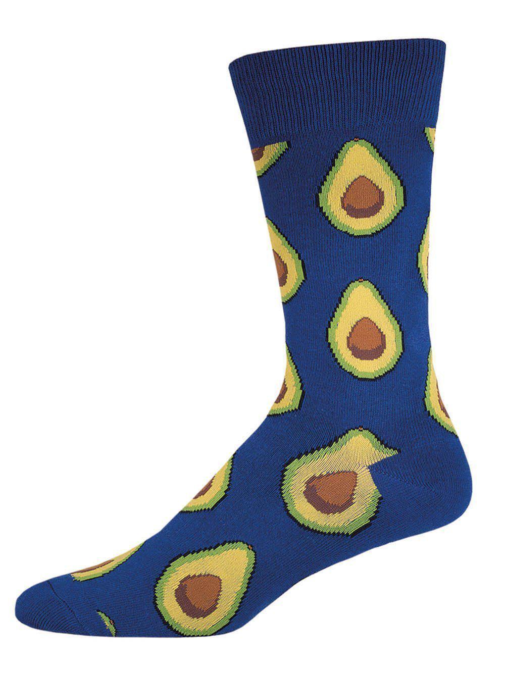 Men's crew sock in navy blue with yellow-green avocado halves all over