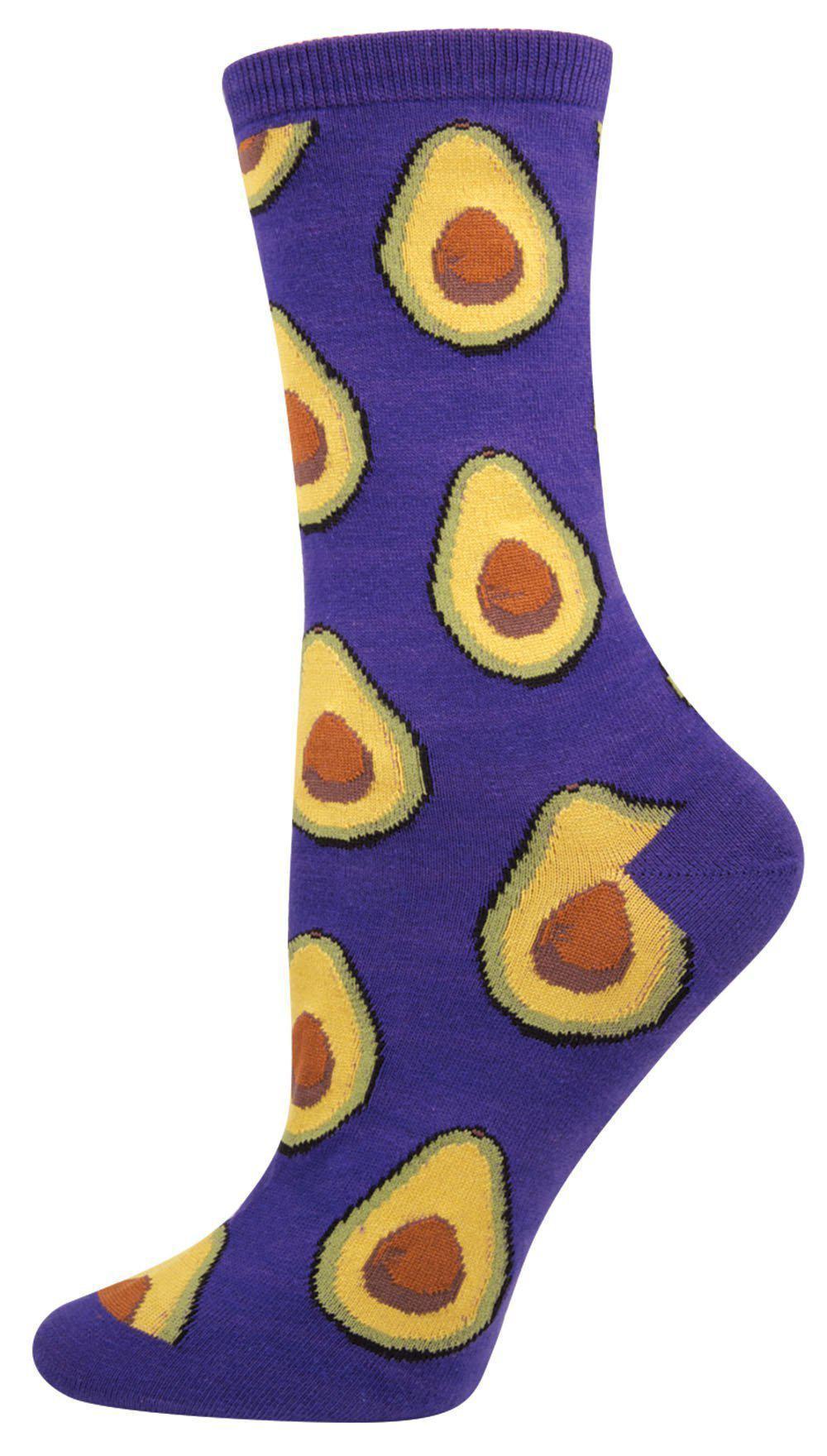 Women's crew sock in purple with avocado halves all over