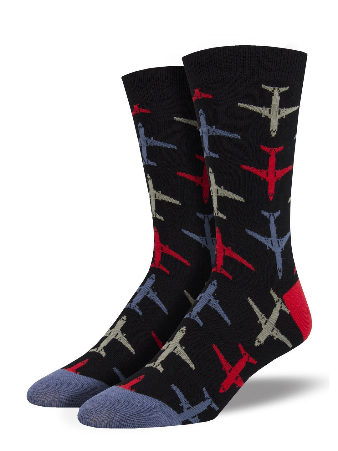Men's black crew socks patterned with red, blue, and tan airplanes and blue toes