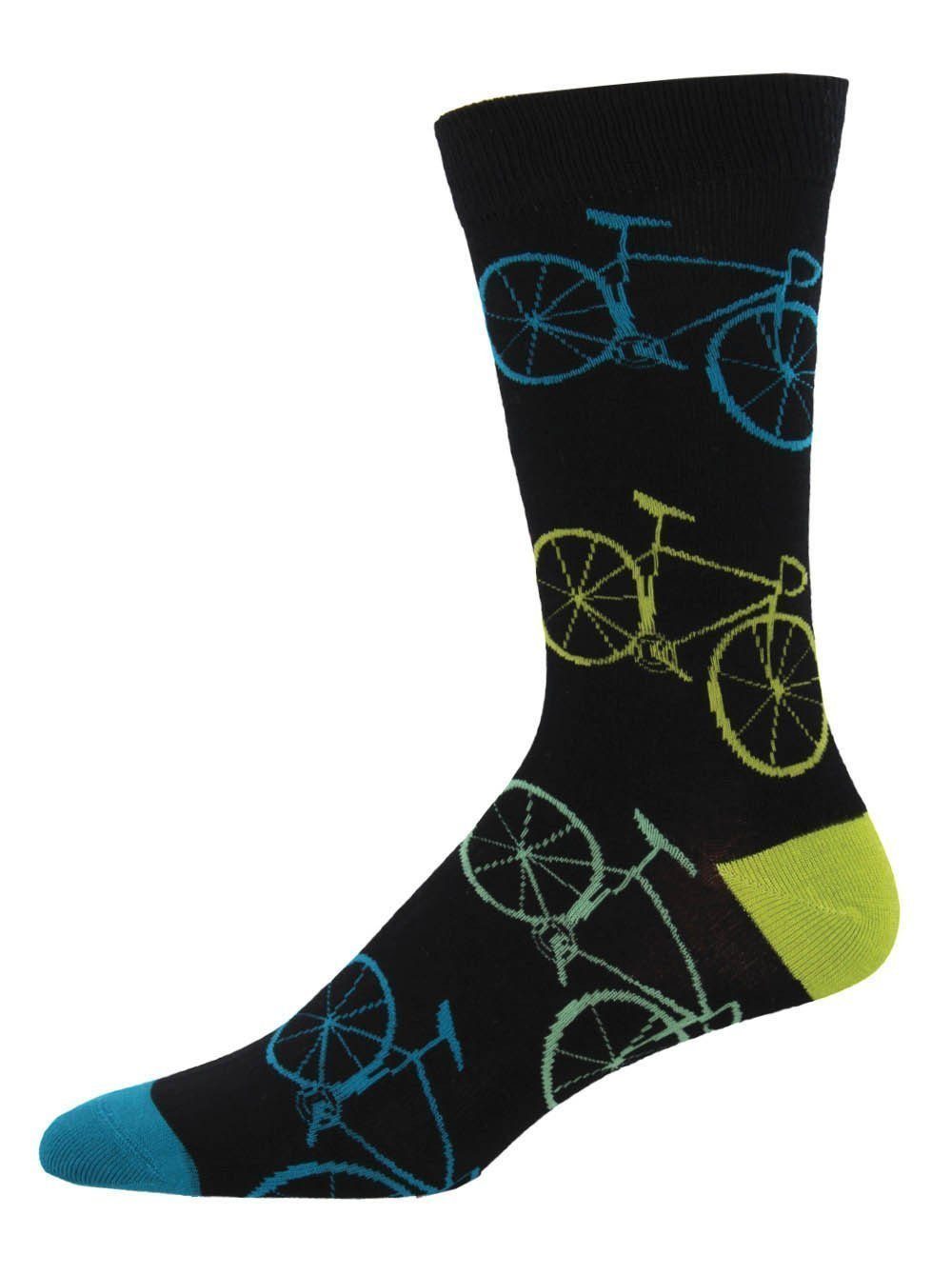 Black bamboo crew sock with teal, lime and green fixie bicycle outlines, yellow heel and teal toe
