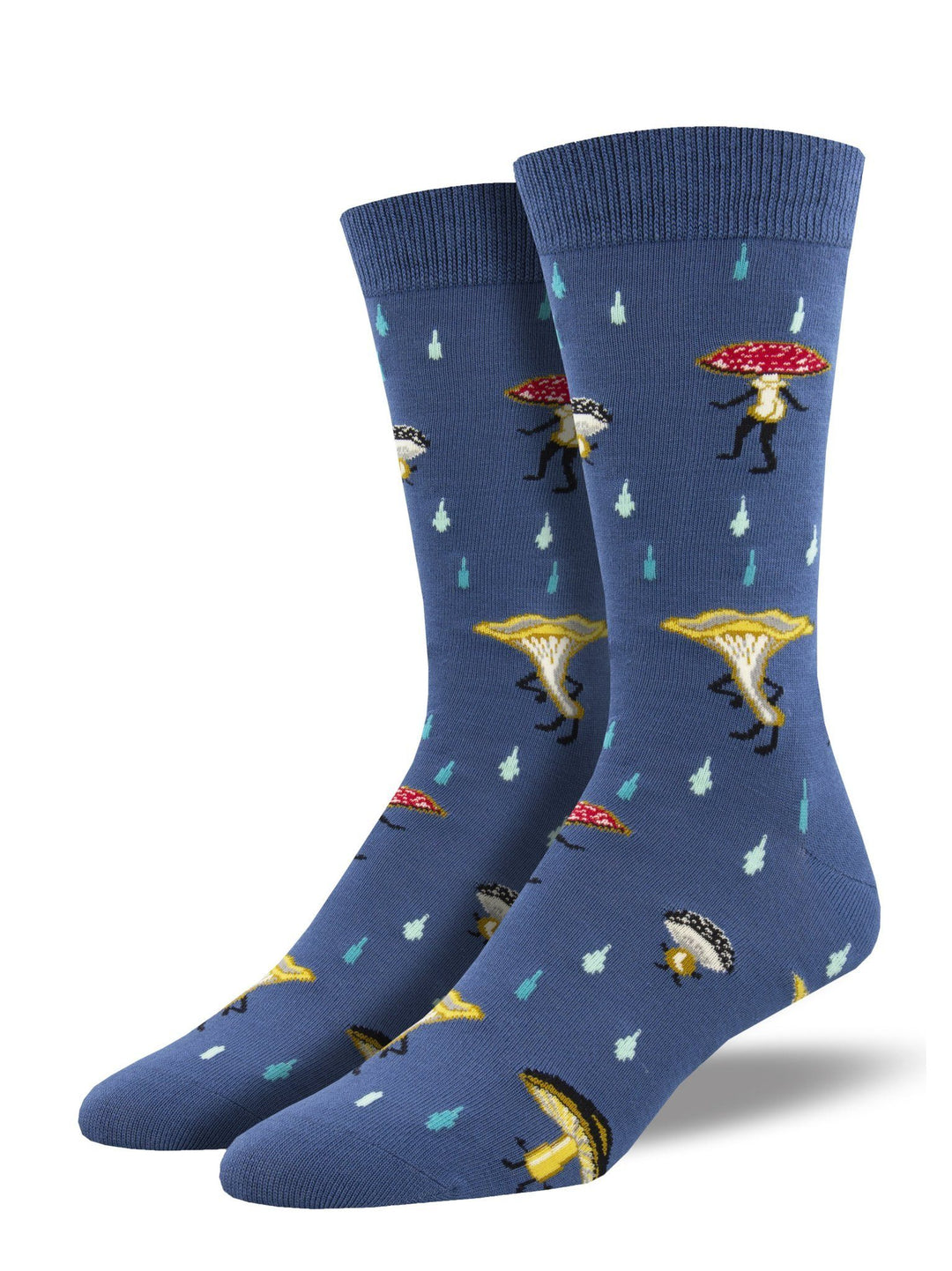 Pair of slate-blue men's crew socks covered in walking mushroom characters with red and golden caps