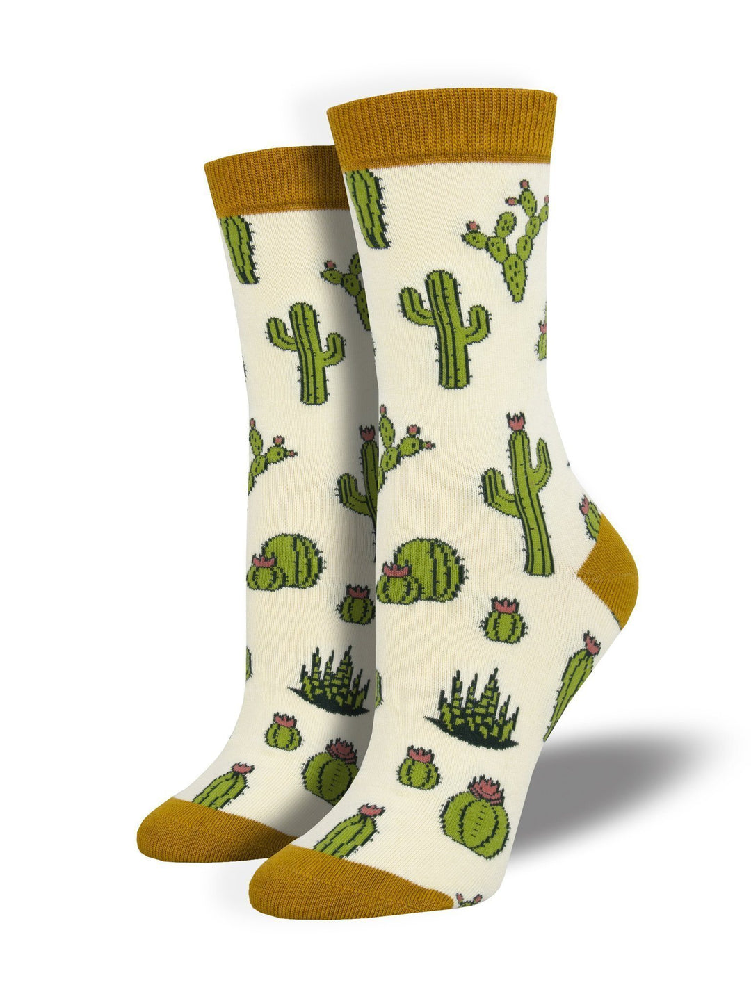 Women's ivory crew socks covered in green saguaro and barrel cacti with pink blooms, plus gold cuffs and toes