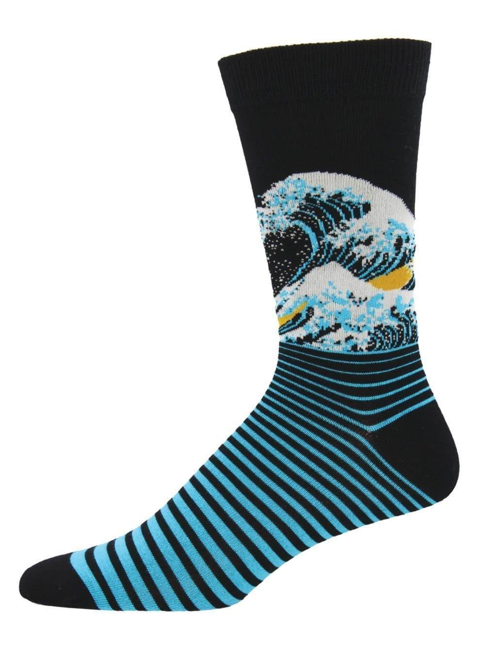 Black bamboo crew sock featuring Hokusai's Great Wave in blue and white above blue and black stripes