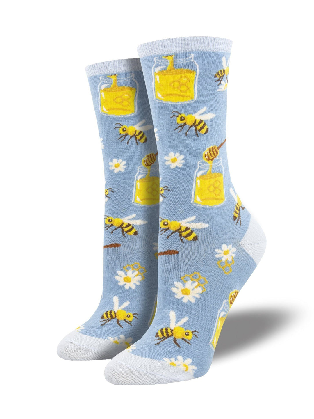 Women's Bee My Honey crew socks shown as a pair on baby blue with bumblebees, honey jars and daisies and white toes
