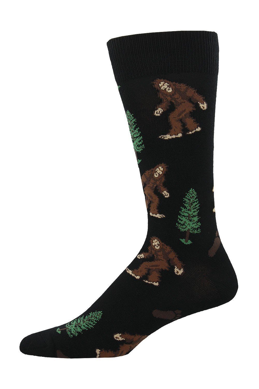 Black men's crew sock with brown Bigfoot figures and green pine trees
