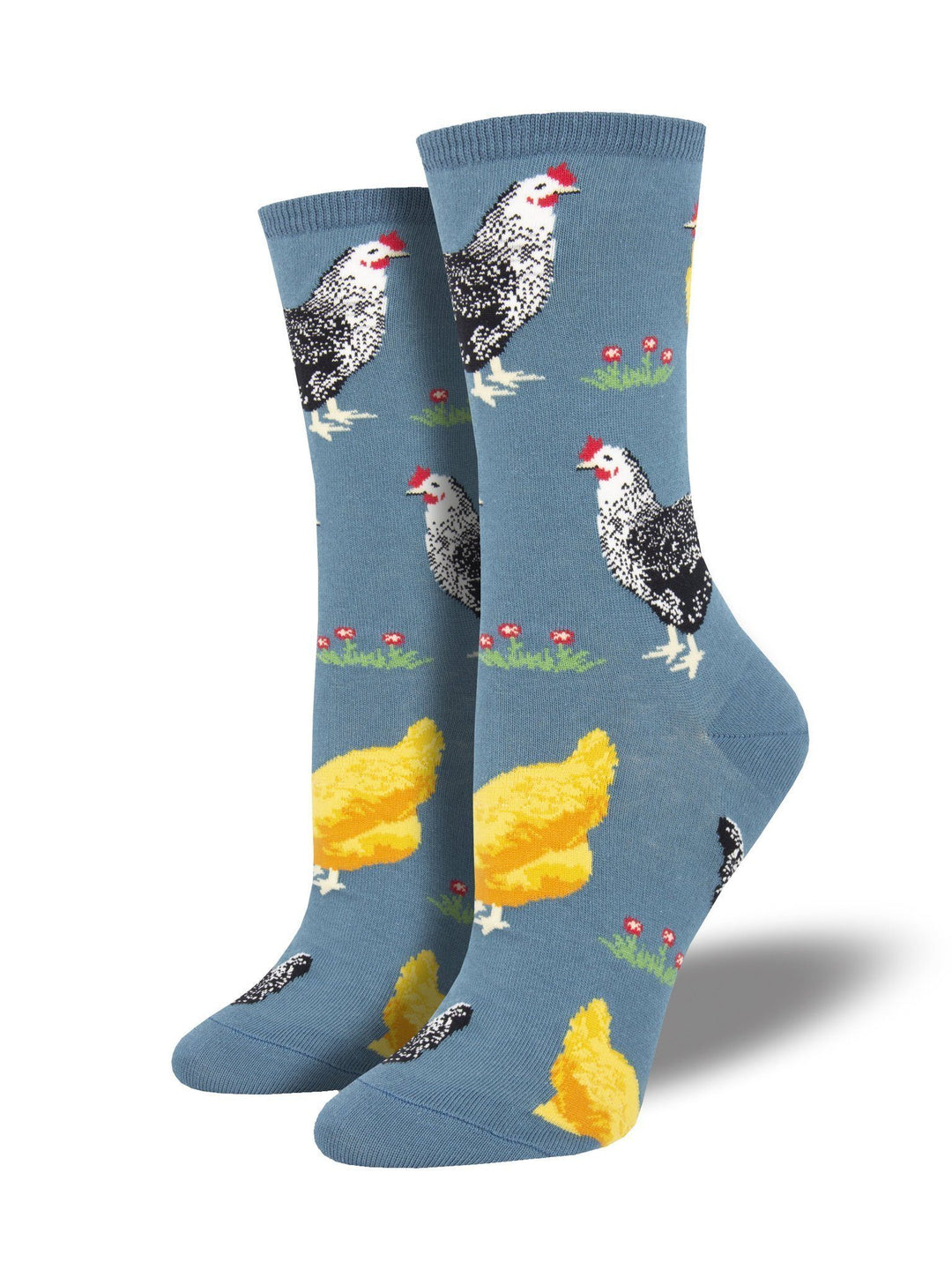 Women's denim-blue crew socks featuring speckled black-and-white and golden hens among tiny red flowers
