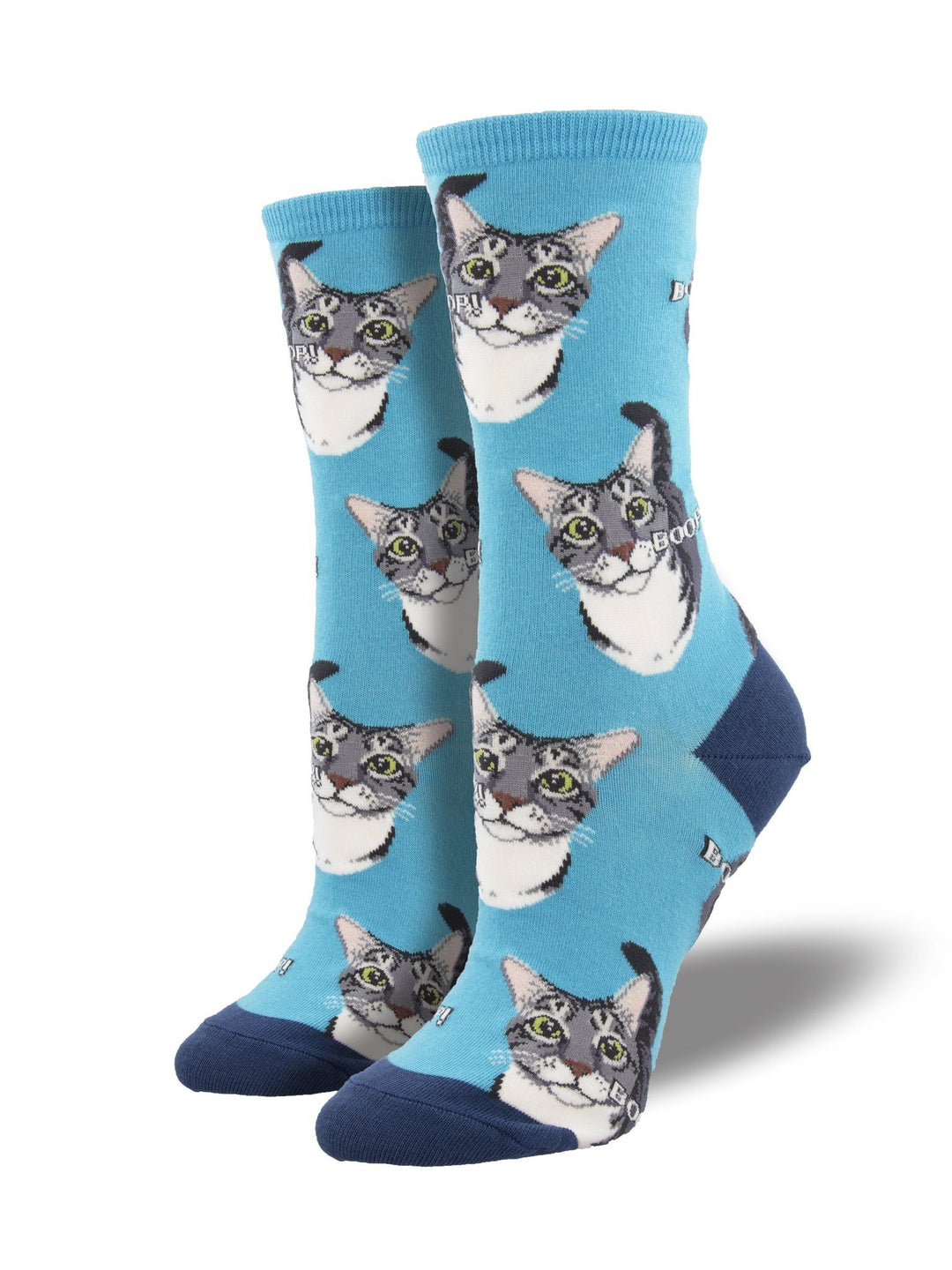 Women's cat crew socks on foot forms, aqua blue with repeating gray tabby faces and "BOOP!" text, navy heel and toe