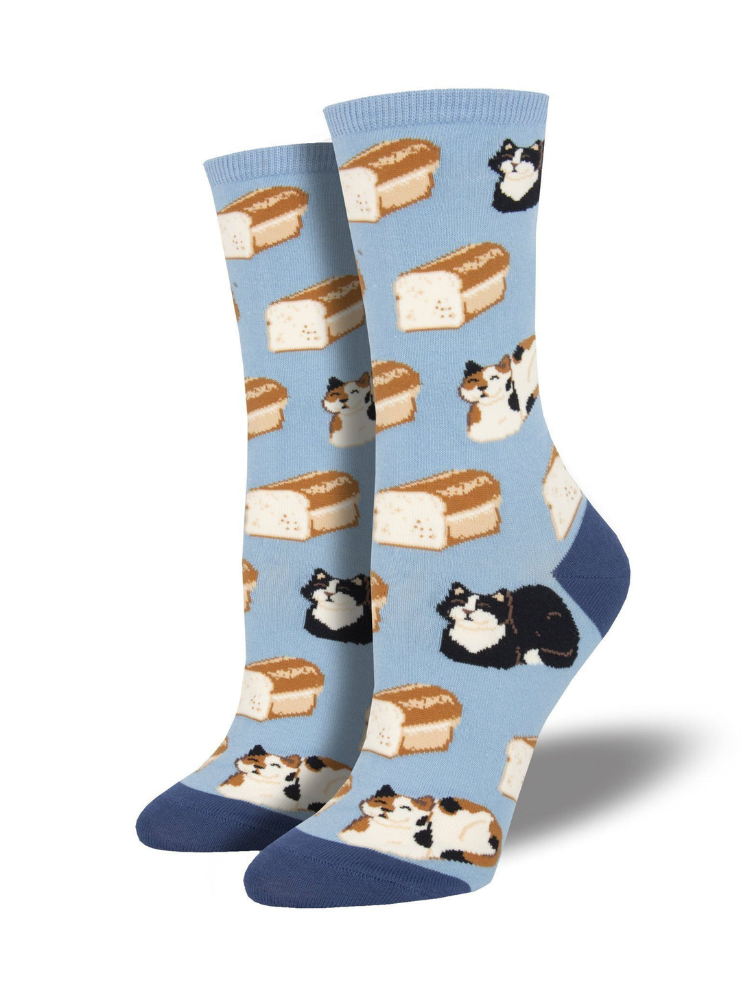Women's sky-blue crew socks featuring loaf-shaped calico and tuxedo cats beside bread loaves, with navy heels and toes