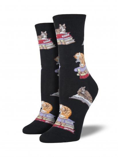 Women's cats on books crew socks shown as a pair from the front, cats on book stacks