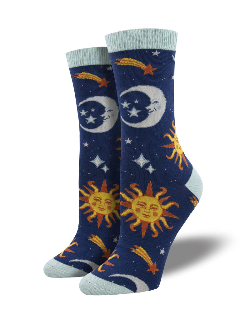 Navy women's crew socks with smiling sun and moon faces, shooting stars, and twinkling stars