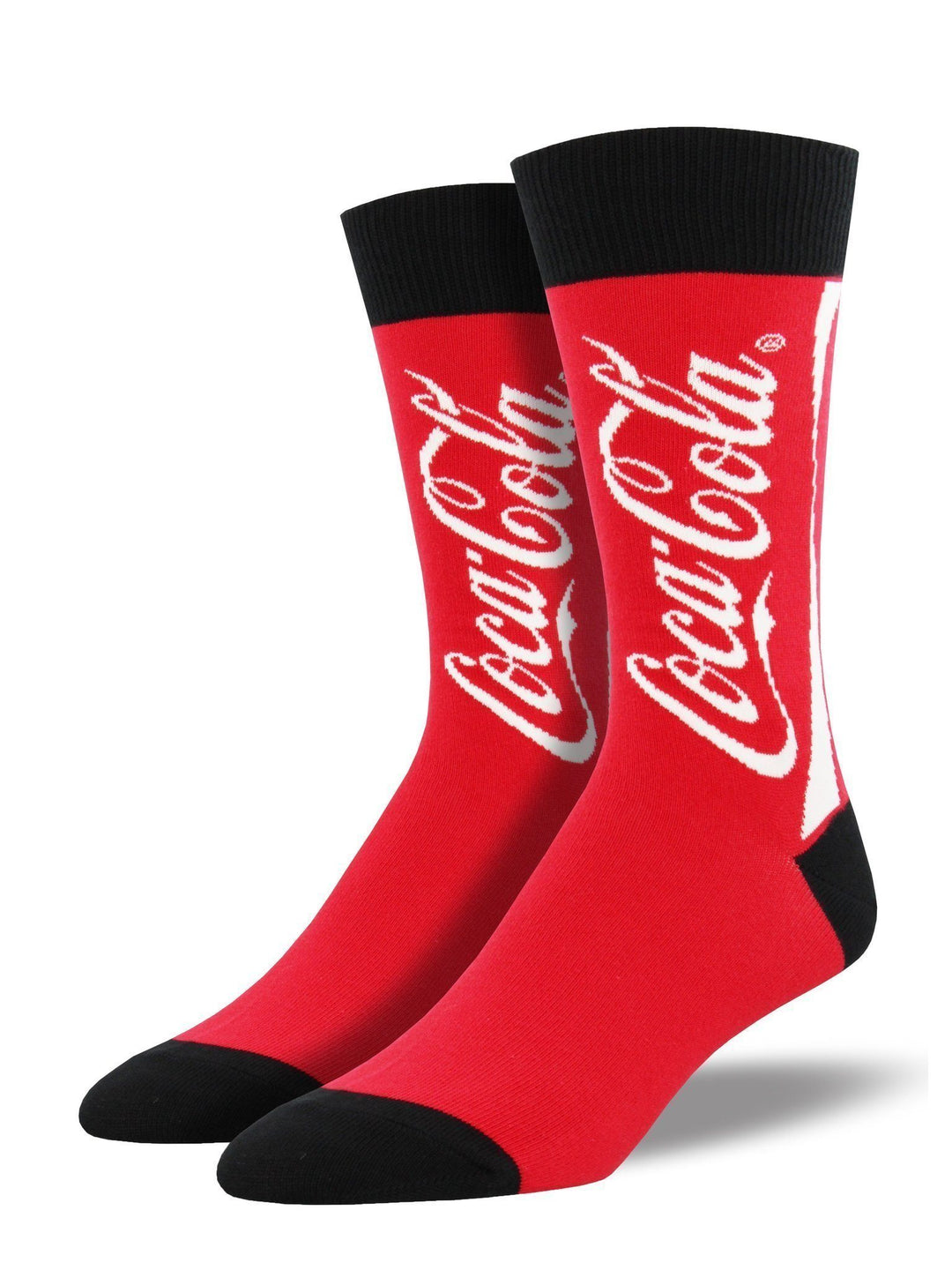 Red men's crew socks with the white Coca-Cola logo and black cuff, heel, and toe