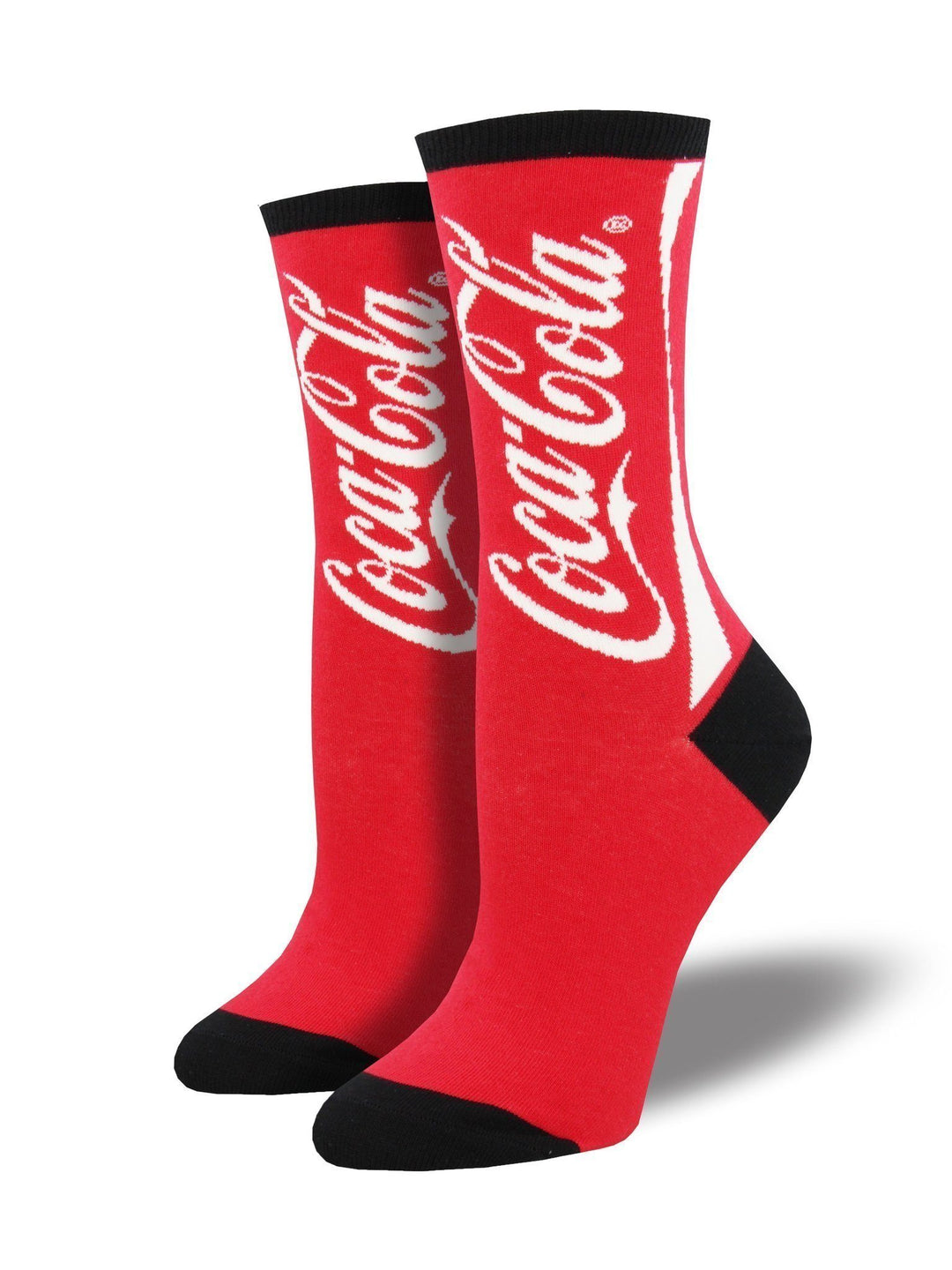 Red women's crew socks with the white Coca-Cola logo and black trim