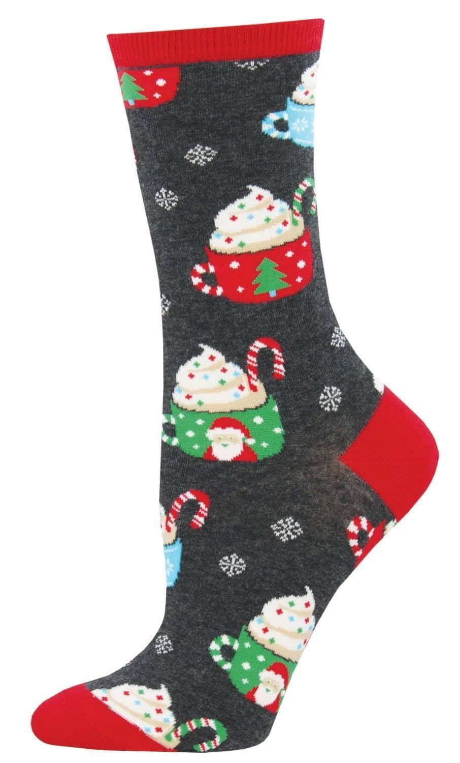 Charcoal women's crew sock with hot cocoa mugs, whipped cream, candy canes, and snowflakes