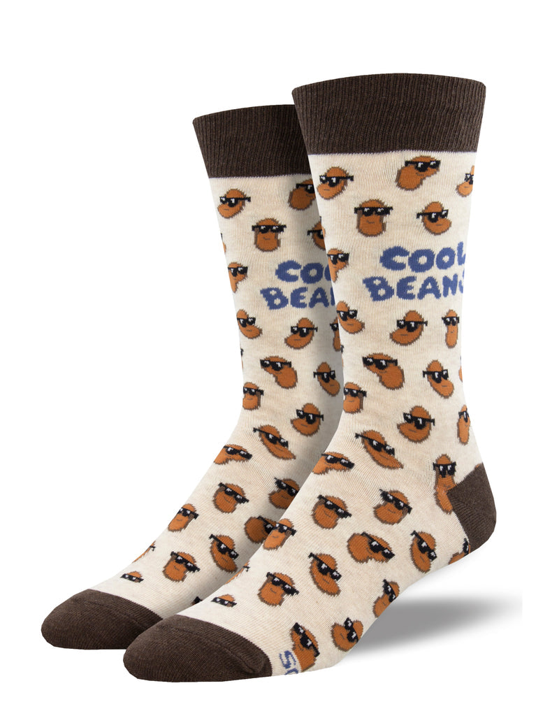 Oatmeal heather men's crew socks with brown coffee beans in sunglasses and the words Cool Beans in blue