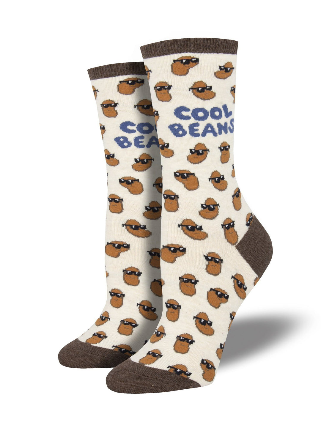 Women's cream crew socks covered in brown beans wearing sunglasses with blue "Cool Beans" lettering and brown toes