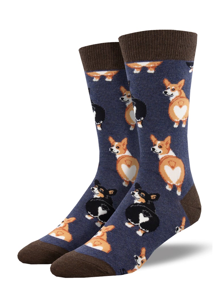 Heathered denim-blue men's crew socks with tricolor and red corgis showing heart-shaped rears, with brown cuffs and toes