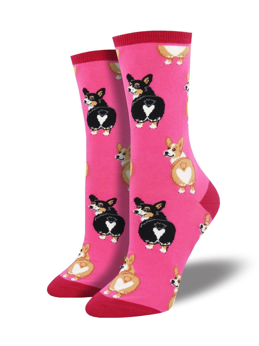 Pink variant of the corgi butt crew socks displayed showing the heart-bottom corgi pattern