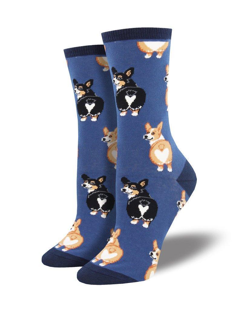 Pair of blue women's crew socks covered in corgis showing heart-shaped fluffy bottoms