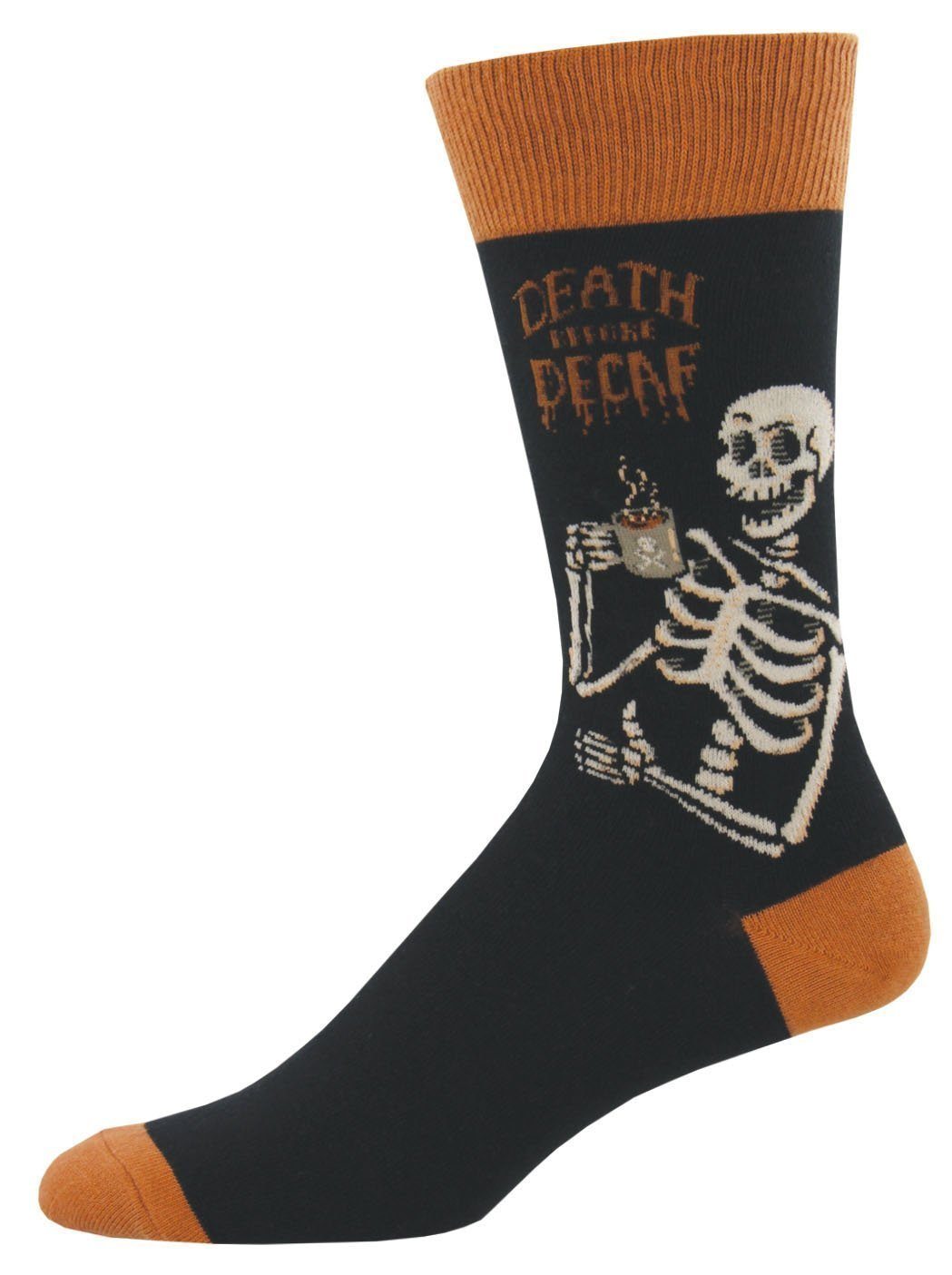Black men's crew sock with a skeleton drinking coffee and the words Death Before Decaf in orange