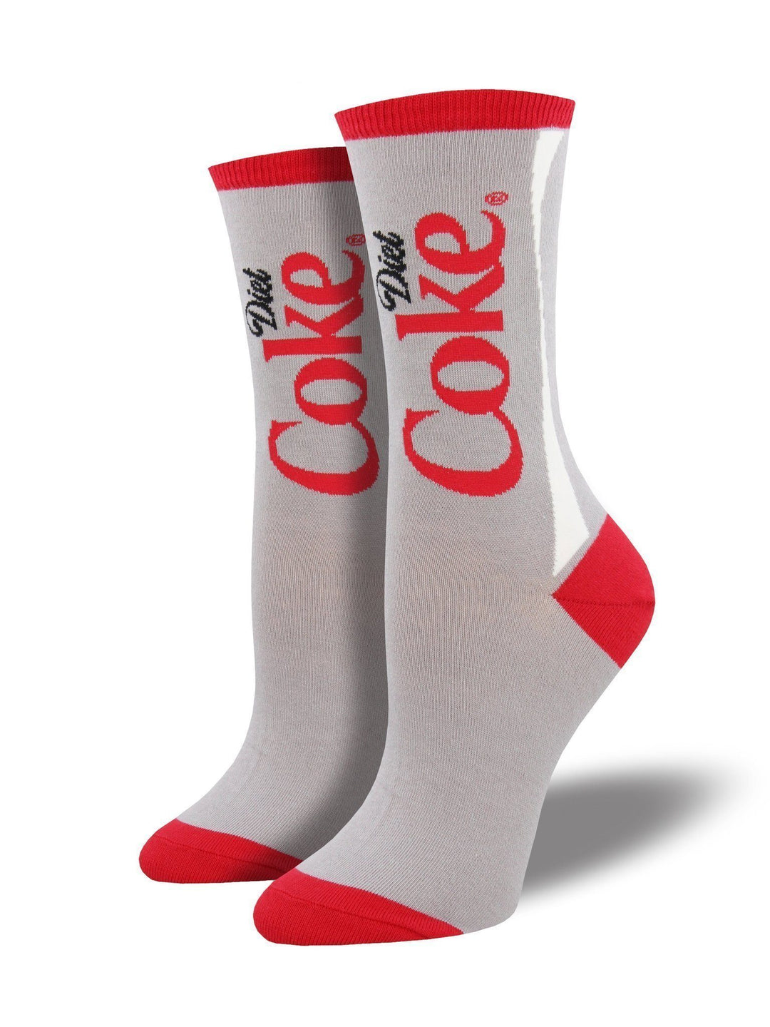 Silver-gray women's crew socks with the red Diet Coke logo and red trim