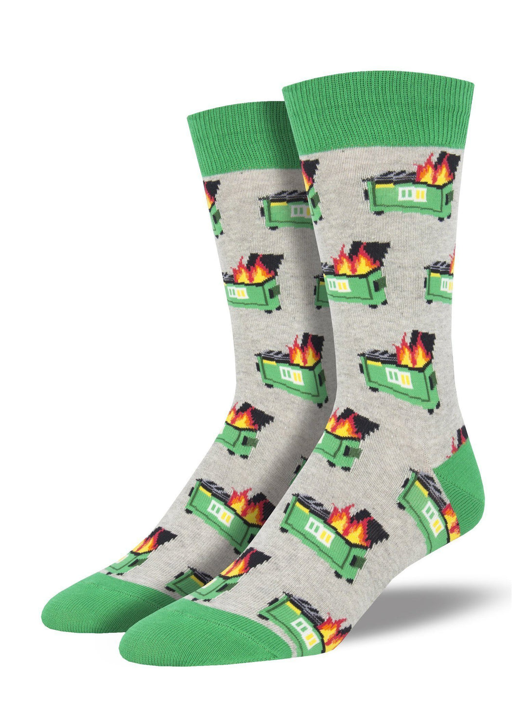 Men's gray crew socks covered in green dumpsters engulfed in flames, with green cuffs and toes