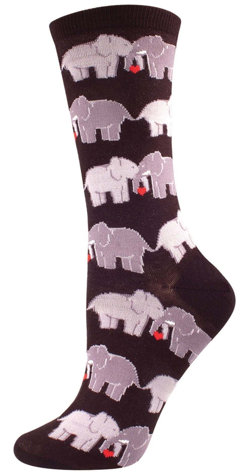 Dark brown women's crew sock with pairs of gray elephants and small red hearts