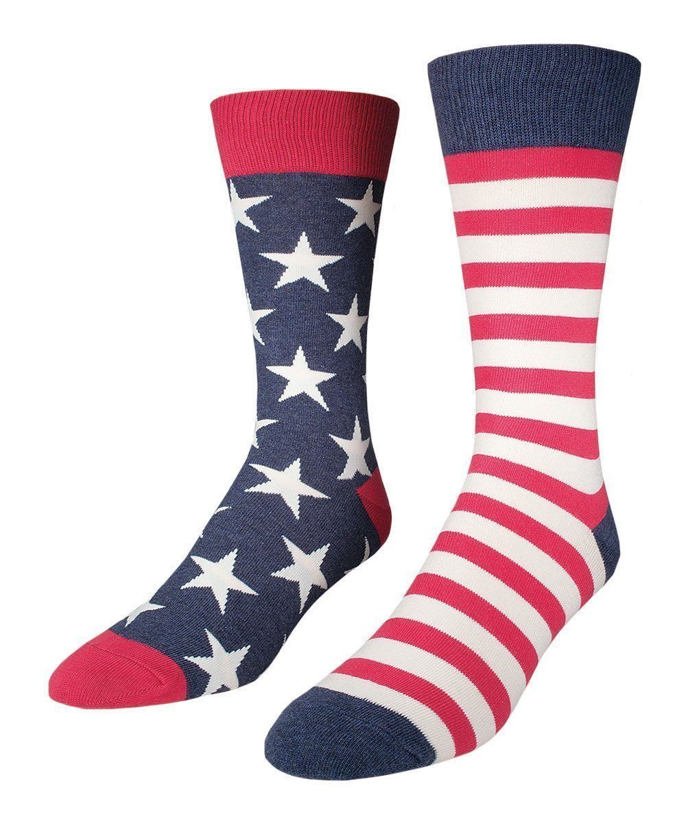 Pair of men's crew socks, one with white stars on navy and one with red and white stripes