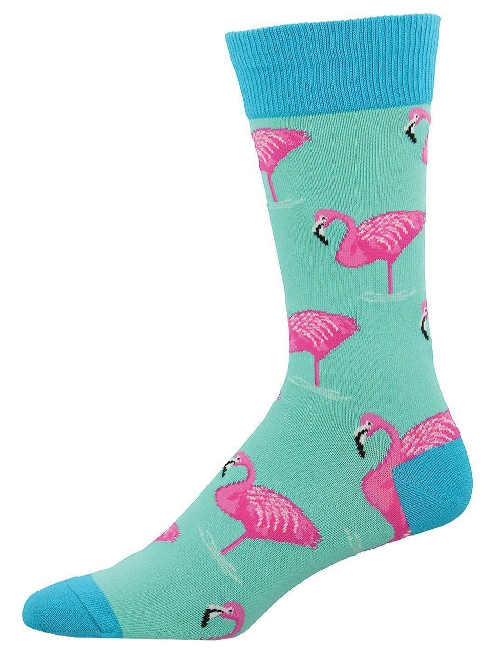 Men's flamingo crew sock in aqua green with pink flamingos and blue cuff