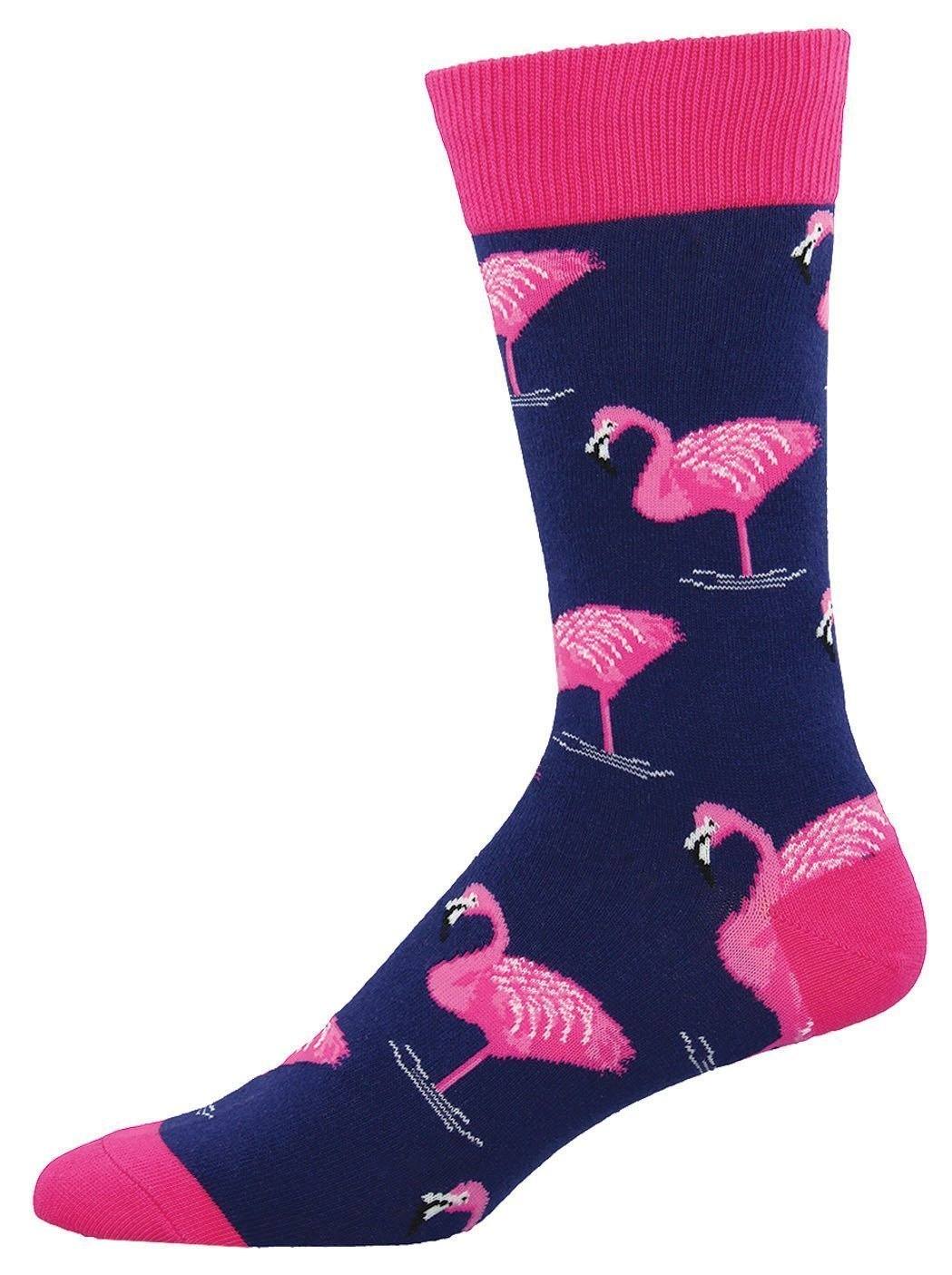 Men's navy crew sock with pink flamingos and hot-pink cuff, heel and toe