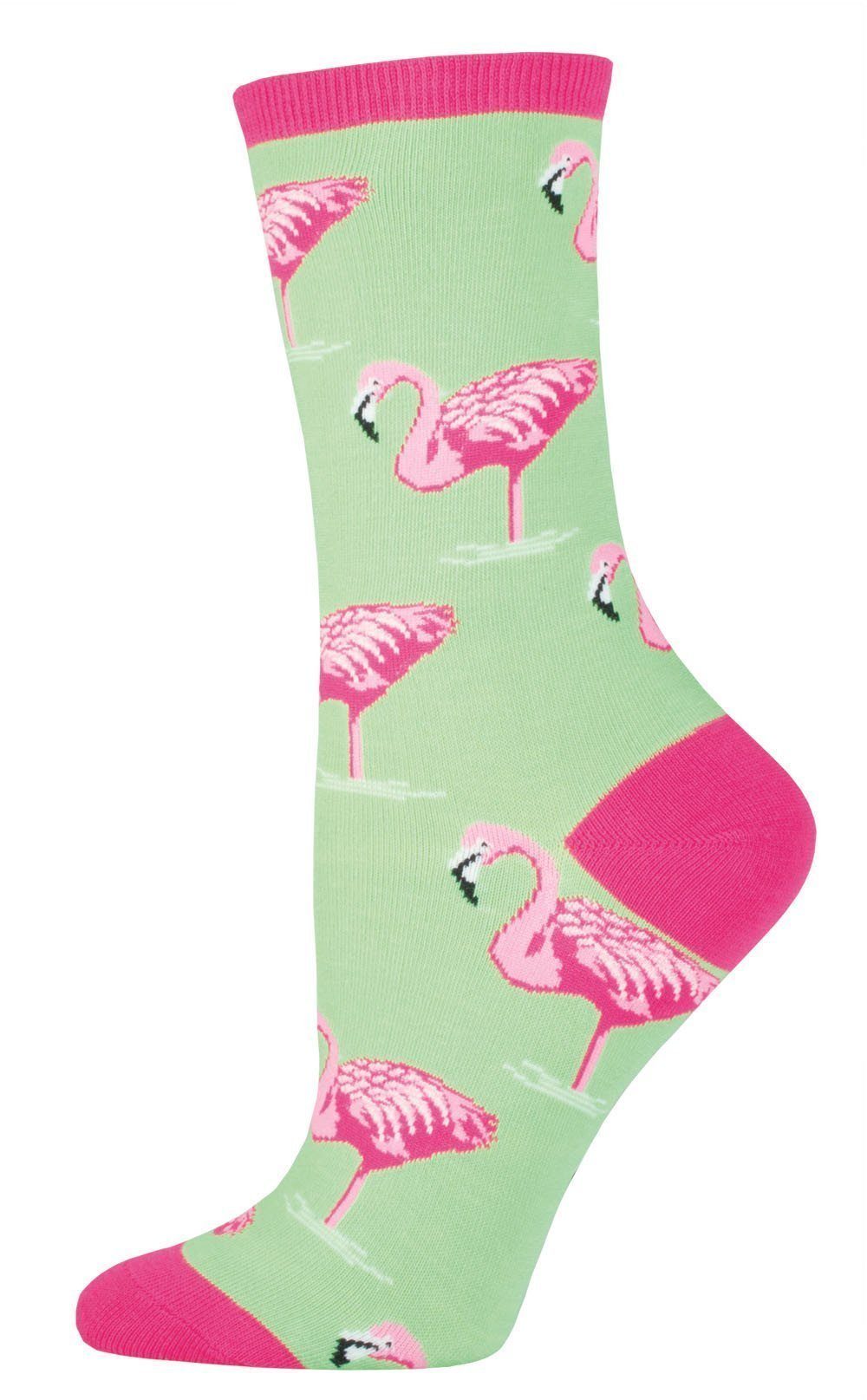 Women's flamingo crew sock in light green with pink flamingos and pink trim