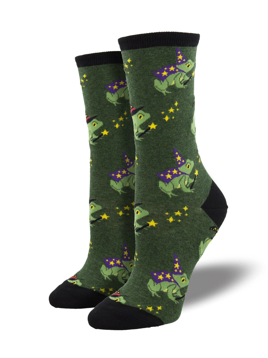 Women's Freaky Frogs crew socks shown with playful all-over frog design