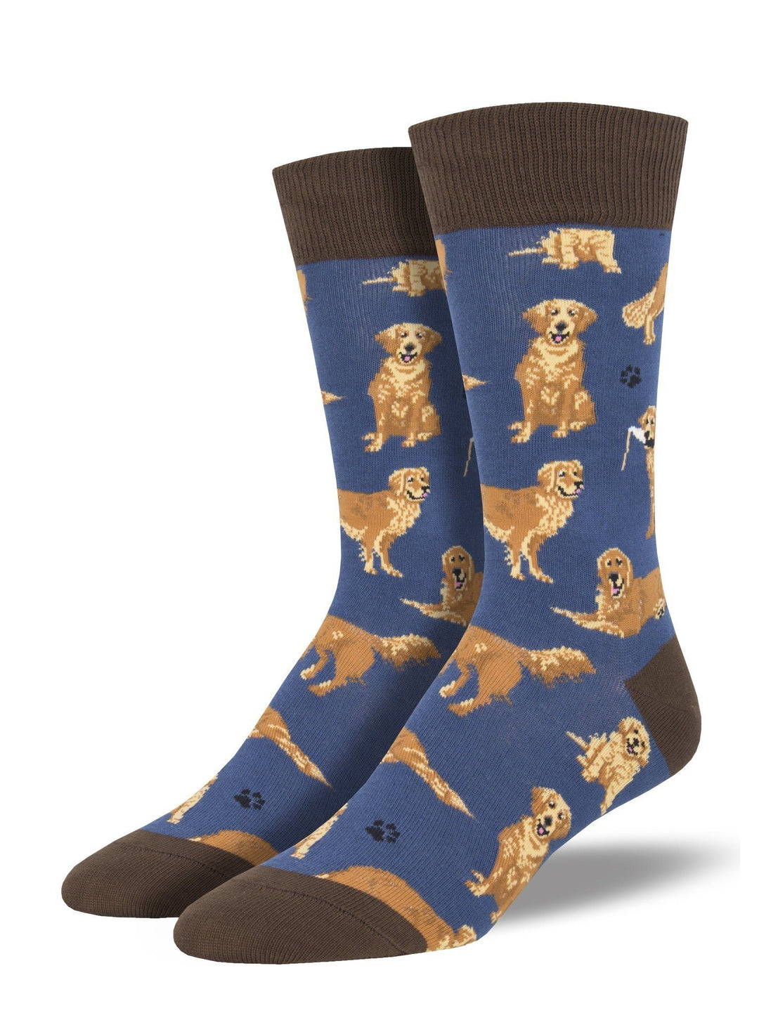 Men's blue crew socks covered in golden retrievers sitting and lying down, with brown cuffs and toes